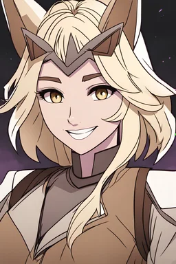 Young woman with blonde hair and jackal ears, vivid lavender eyes, brown and tan Western clothes, smiling, happy, Western background, RWBY animation style
