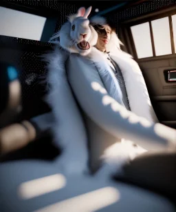 Ultra realistic back seat of limousine image, wide angle view, Alice and white rabbit, many color balls, circus clothing, long hair, smoke, feather long coat, soft color, highly detailed, unreal engine 5, ray tracing, RTX, lumen lighting, ultra detail, volumetric lighting, 3d, finely drawn, high definition, high resolution.