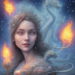 A smiling witch with a beautiful face and full and detailed details performing magic of water, fire, wind and earth with a wooden and crystal wand shining in various colors with a background of large and beautiful dragons flying in an azure sky, with Full details, Ismailoglu, Van Gogh, post-apocalyptic, fantasy, imaginary, 8K, 16K,