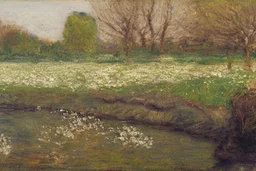 amazing sunny spring day, trees, flowers, fence, little pond, philip wilson steer impressionism painting