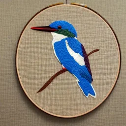 metallic kingfisher in embroidery hoop, intricate, highly detailed, linen and wood backdrop