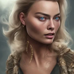 only margot robbie, fly hair, mist around, highly realistic, highly detailed, alerquina clothes, mist around, smoke