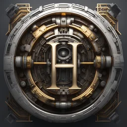 create me a large, centered letter H encased in a thin round, ornate golden ring. metallic,silver accents can be used. mechanical futuristic space cyberpunk style. extra electrical and pneumatic details, robot arms, laserguns. think dyson sphere, warp core, plasma couplings, maybe on the side of a spaceship. background should be black.