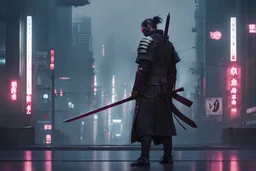 powerful scene of lonely cyberpunk samurai
