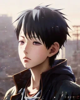 Detailed young anime boy crying, intricate details, full body portrait, keep head in frame, slight, black Japanese motif, concept art, highly detailed, digital painting, concept art, sharp focus, illustration, art by Yoji Shinkawa, WLOP and greg rutkowski and alphonse mucha and artgerm and yanjun Chen and Junji ito and Makoto Shinkai, HDR, octane render