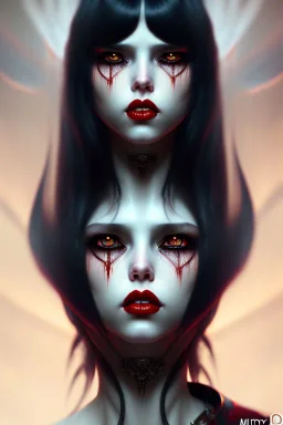 Vampire girl, cute, beautiful, white eyes, red lips, black hair with bangs, goth, close up portrait by Greg Rutkowski