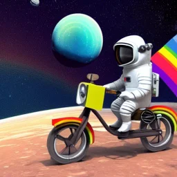 A raccoon astronaut riding a rainbow bike on a mission to gather space trash, jumping over asteroids as he goes.