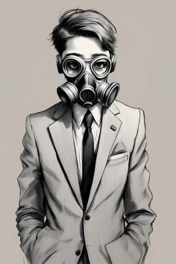 A sketch of a teenager wearing a suit with a gas mask