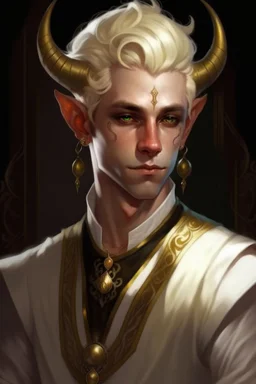 A young tiefling man with White-Blonde, short hair, black eyes, dressed in white and gold with lots of jewelry, beautiful