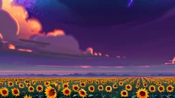 purple sky full of stars, sunflower field, anime, high res, makoto shinkai