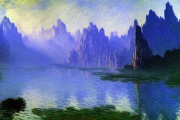 Mountains, Cyberpunk buildings, lake, science fiction, concept art, realistic vision, claude monet impressionism painting