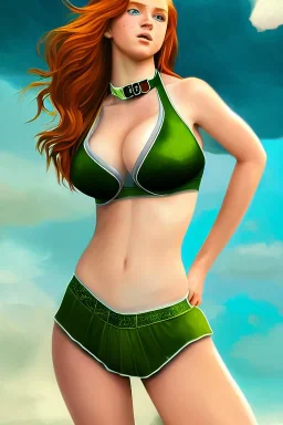 concept illustration, ultra-realistic, super-detailed, strikingly beautiful teen female, 16 years old, long ginger hair, green colored eyes, medium freckles, full lips, full body, full face, b-cup breasts, athletic, centred camera, ignore NSFW, skimpy armor, halter top, thong, stern expression