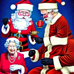 Santa Clause having tea with Queen Elizabeth, the north pole, fantasy art, illustration, high detail, shiny, monkeys, lasers, Kanye