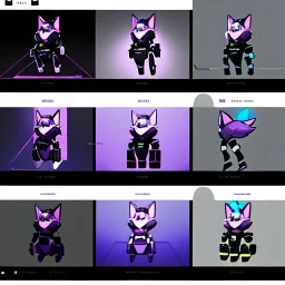 a fox fursona, darker colors, master quality, backlighting, soft lights, full body portrait, in frame, 8k, furry, fur, black and purple color pallet, fursona reference sheet, robotic enhancements, cyberpunk, anthropomorphic