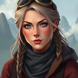 a pretty middle-aged woman, fantasy, traveller, blue eyes, digital art, stylised