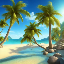 9. Generate an image of a sun-soaked beach with palm trees and crystal-clear water