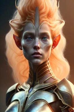 painting of a tall elven young woman with short light orange hair and freckles on the cheak bones and tall body of a topmodel light armor, full body, ultra realistic, concept art, intricate details, eerie, highly detailed, photorealistic, octane render, 8 k, unreal engine. art by artgerm and greg rutkowski and charlie bowater and magali villeneuve and alphonse mucha