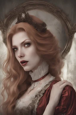 vampire Alexandra "Sasha" Aleksejevna Luss render eye candy style Artgerm Tim Burton mirror, subject is a beautiful long ginger hair vampire with fangs biting a female's neck, romantic, close faces, bite, feed, victorian dress, victorian background style of in the Paris, 70mm, high detail, hyper detailed, photographic detail, UHD, unreal engine 5, headshot render, octane render, bokeh,eye candy oil paiting In depth psychology display