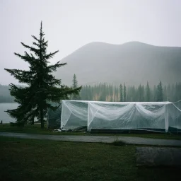 A polaroid photo of an odd room with structures. A transparent tarpaulin covers an image. There is a group of fir trees in the background and a high hill in the distance. A lake. The surface below is in a pastel color. Fog is present.