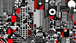 An abstract and geometric illustration by Malevich and Kuniyoshi of a black and white digital city filled with symbols with an anarchist red and back flag.