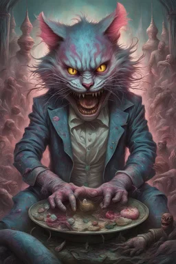 olpntng style, cheshire cat, angry, scary, highly detailed, cinematic, 8k, by stanley artgermm, tom bagshaw, craig mullins, carne griffiths, ayami kojima, beksinski, giger, trending on deviantart, hyper detailed, horror, full of colour, oil painting, heavy strokes, paint dripping