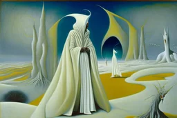 A woman wearing a white turban and long white coat in a surreal landscape by artist "Leonora Carrington" and "Max Ernst"