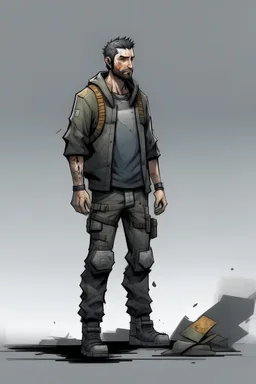 man, , full body, looking serious, comic book, post-apocalypse, grey background
