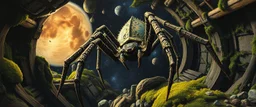 dragon spider, master oil painting by Rembrandt and Escher, moss covered space station, brightened edges to give a sense of depth