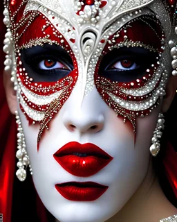 Beautiful young woman adorned with rennaisance Venetian masquerade etherial half face venetian rennaisance masque ribbed with white opal irridescent black obsidian and red zafír, golden glitter as white and red Dusty makeup on wearing rennaisance venetian style costume ribbed with red. White and black mineral stones like red zafire, irridescent wite opal and black onix wearing black and red venetian rennaisance style floral headdress organic bio spinal ribbed detail of Veneziia gondola bokeh lig
