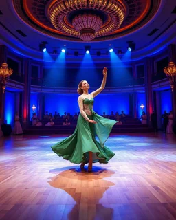 For a known Azeri female dance choreography, the most iconic and recognizable style is the **"Naz Elama"** or the **"Lale" (Tulip)** dance. These dances are characterized by fluid, swan-like arm movements, intricate hand gestures, and a very smooth "gliding" step where the dancer appears to float across the floor. in a modern huge stage in a royal hall