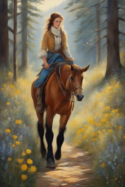 Beautiful artwork!(1842-1903) With her weathered boots and a heart filled with wanderlust, Isabella "Wildflower" roamed the untamed fr. This is amazing! I love how the light glints off everything, giving stark contrast to the shadows. There must be some deer or elk up ahead since the horse has his ears perked forward and with an intent gaze of interest. The young lady looks like she is enjoying herself alone with her friend while plodding downstream through the lazy creek. Thank you for sharing.