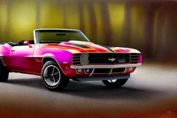 a true-to-life 1969 chevrolet camaro convertible pro street, two-tone paintwork, classic hotrod wheels, detroit steel wheels, pen and color marker, centered, intricate, extreme detailed, photorealism, center view, stylized random background, pivot on camaro, painting by cheryl kelley