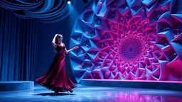 modern stage with gray-blue theme artistic decoration , color full dynamic lighting, a beautiful lady in modern maxy dark purple red dress with shining silver jwells dancing, 3D recursive fractal structure animating background