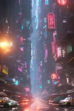 a bustling futuristic cyberpunk city street, reflections, luminous,