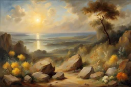 sunny day, clouds, rocks, trees, mountains, flowers, william turner paintings