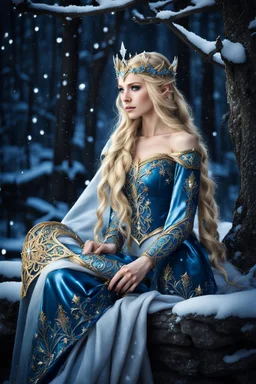 Elven princess,elven crown,long blonde golden hair,rapunzel hair,ice flowers,beautiful,light blue,dark blue,golden armor,sparkle,glitter,ice flowers,snow,elven ears,dark fairy princess