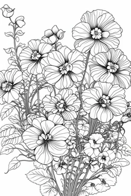 Outline art for coloring page, AVANT GARDE DRAWING OF A GARDEN OF PANSY FLOWERS, coloring page, white background, Sketch style, only use outline, clean line art, white background, no shadows, no shading, no color, clear