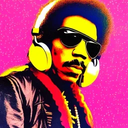 a realistic portrait of Jimi Hendrix at a turntable with headphones on being a DJ, vivid color, with sunglasses