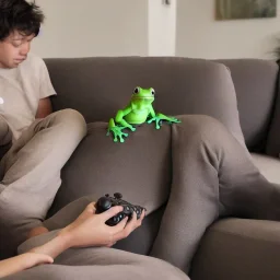 Two frogs sitting on the sofa in the living room and PS4 controllers in their hands, full and clear body parts, live, real, 4K, 8K, 16K