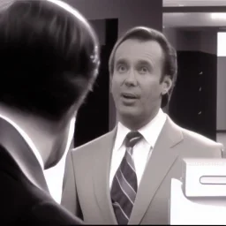 a man in a suit leaning forward to talk to someone, 80's television screengrab