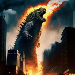 godzilla breathing fire over a city. there is also a huge banner on a pole that is next to him and all the way up past his head