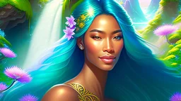 Photo realistic portrait of a gorgeous smiling skinny polynesian goddess with a golden dark shining skin, long smooth clear turquoise blue white hair, blue eyes, in a sci-fi outfit with luminous strikes blowing a kiss in a hill of flowers with sakura trees, a waterfall, a crystal palace, loads of mini flowers, moss, sun rays through the branches, particles in the air at spring