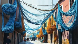 Calle de pescadores con redes colgadas donde las cuerdas se convierten en líneas sinuosas de azul y marrón, la composición se organiza en bloques superpuestos que desafían la profundidad, colores arbitrarios que vibran por contraste y trazo gestual que captura la resistencia y la comunidad mediante la autonomía del color.