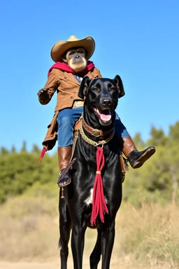 A monkey with cowboy custom riding on a Great Dane black dog