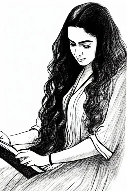 Pencil sketch of Young woman, Arab features,sad, long wavy hair, reading a book, full body، on lined paper