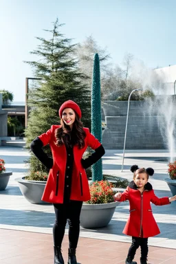 full body shot of beautiful lady with her 4 years old duather in short jacket and pants standing simple background