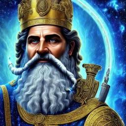 photo realistic, symetrical, centered, ultra detailed, digital art, in center is a portrait of highly detailed greek colossus god zeus surrounded by galaxy codes seeking knowledge, gray beard, crown filled with crystals, detailed face with human skin color, eyes filled with galaxy, dominating colors = gray light blue and dark gold, lightning, smoke,