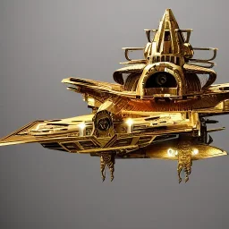 huge ornate spaceship made of brass flying through space, on fire, star wars