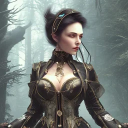 steampunk, dark forest, black hair, leather clothes