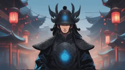 A man wears a black glass motor helmet and Chinese clothes , black and blue color, solo leveling shadow drawing style, neon, intricate details, highly detailed, high details, detailed portrait, masterpiece,ultra detailed, ultra quality